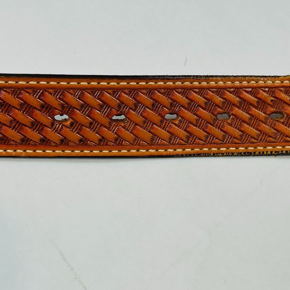 Vintage TEXTAN Genuine Cowhide Leather Womans size 39" Brown Tooled Western Belt - Picture 2 of 9